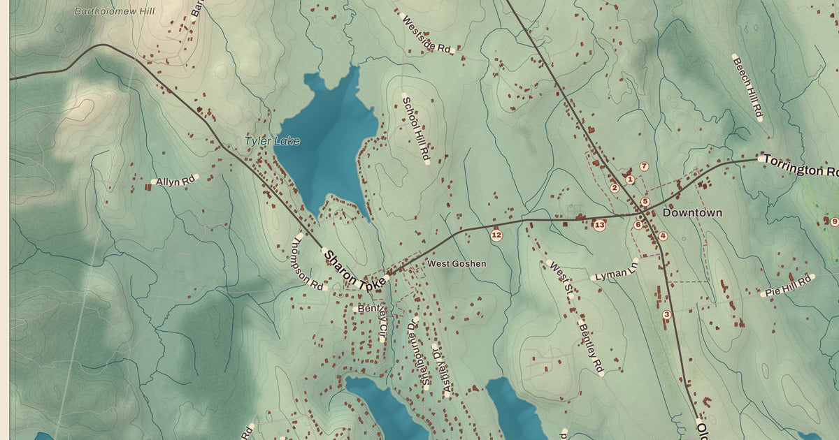 Detailed close-up of the KNOWOL map of Goshen, Connecticut