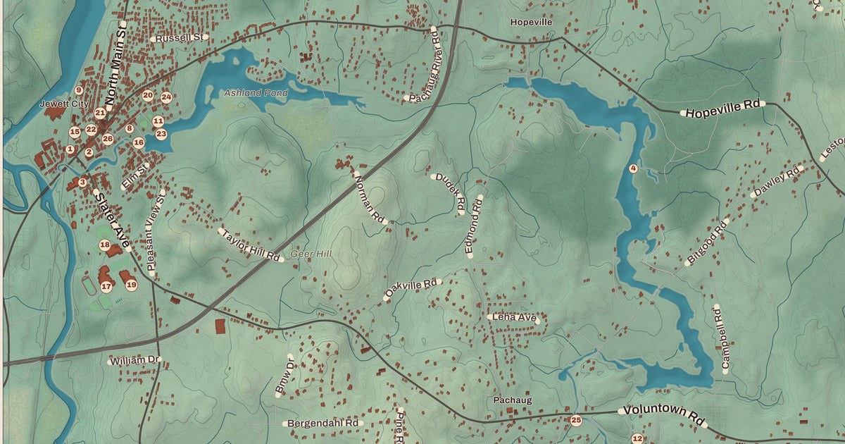 Detailed close-up of the KNOWOL map of Griswold, Connecticut
