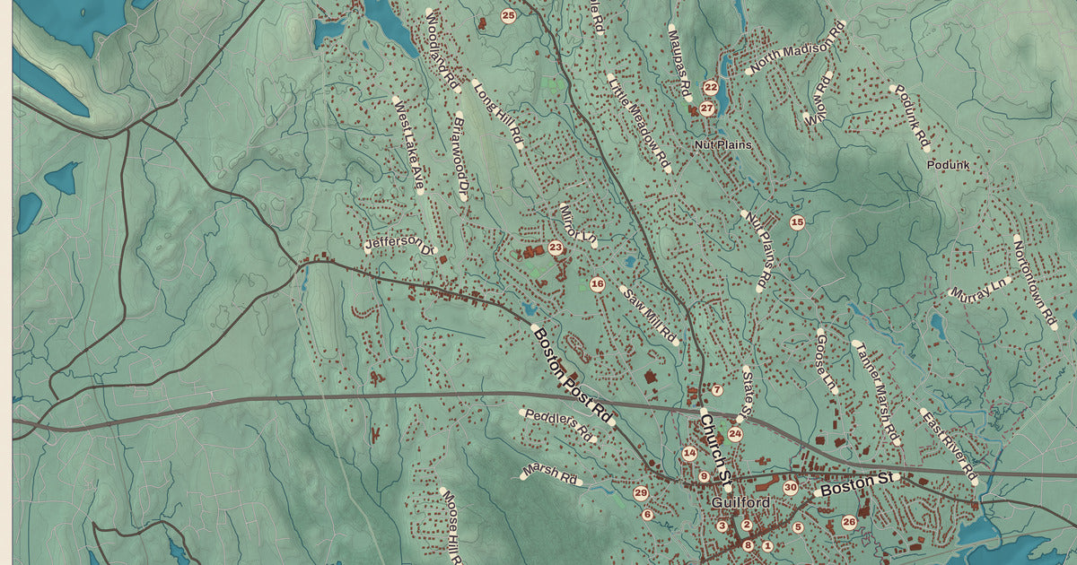 Detailed close-up of the KNOWOL map of Guilford, Connecticut