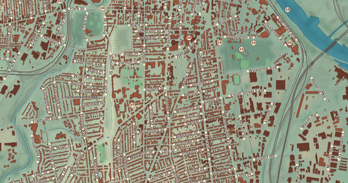 Detailed close-up of the KNOWOL map of Hartford, Connecticut