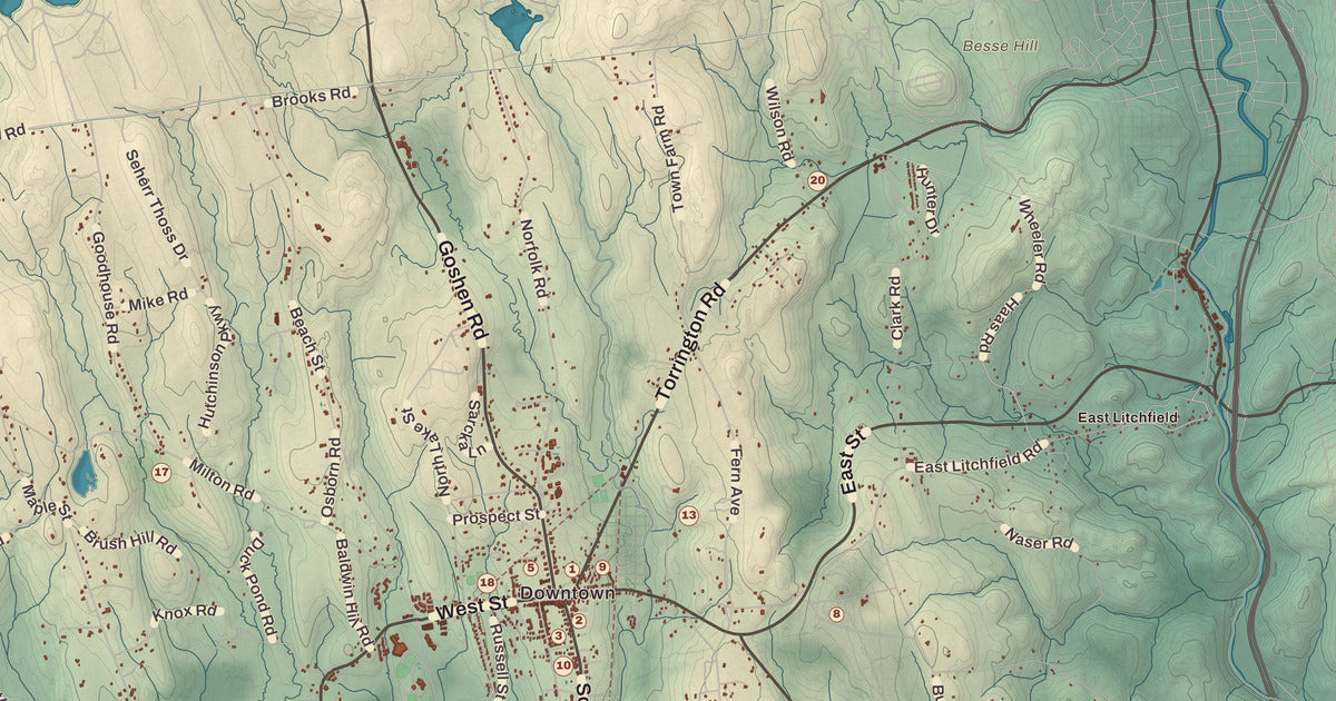 Detailed close-up of the KNOWOL map of Litchfield, Connecticut