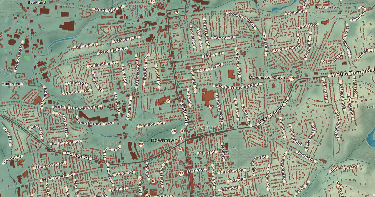 Detailed close-up of the KNOWOL map of Manchester, Connecticut