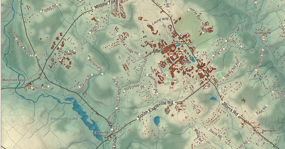 Detailed close-up of the KNOWOL map of Mansfield, Connecticut