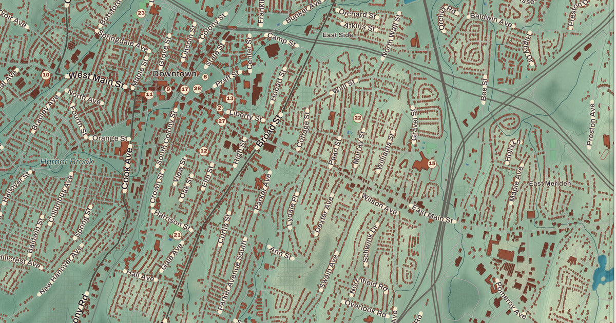 Detailed close-up of the KNOWOL map of Meriden, Connecticut
