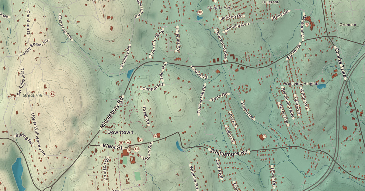 Detailed close-up of the KNOWOL map of Middlebury, Connecticut