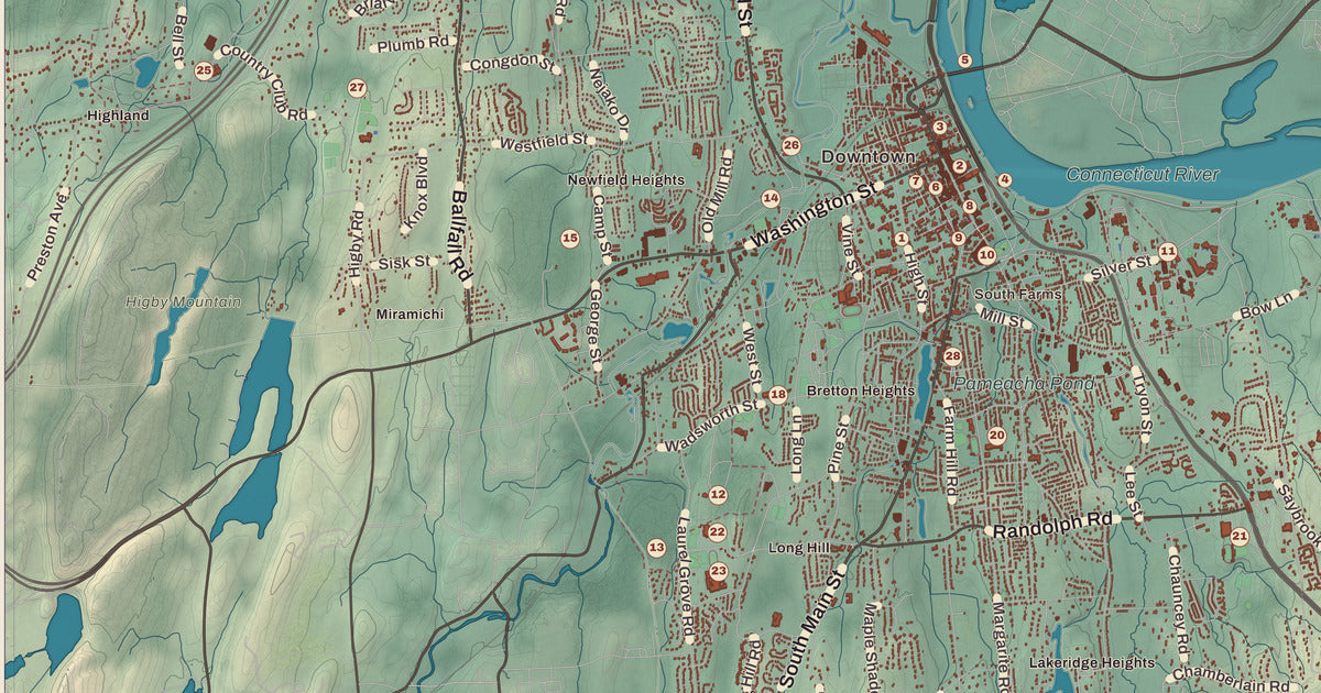 Detailed close-up of the KNOWOL map of Middletown, Connecticut