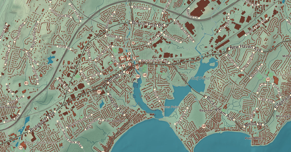 Detailed close-up of the KNOWOL map of Milford, Connecticut