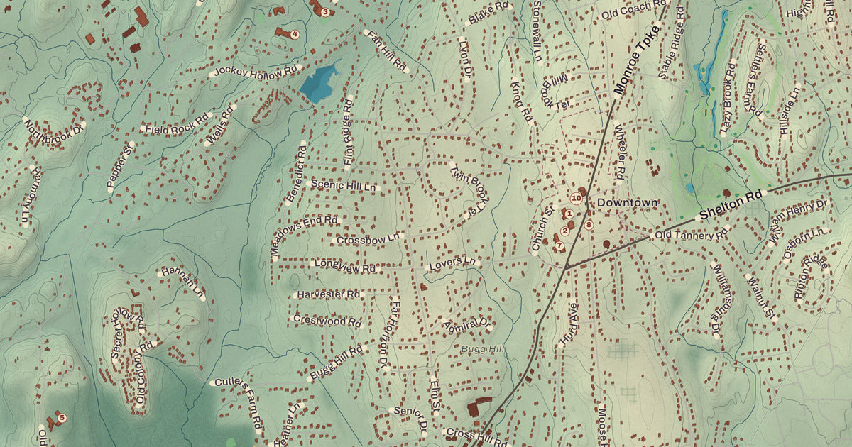 Detailed close-up of the KNOWOL map of Monroe, Connecticut