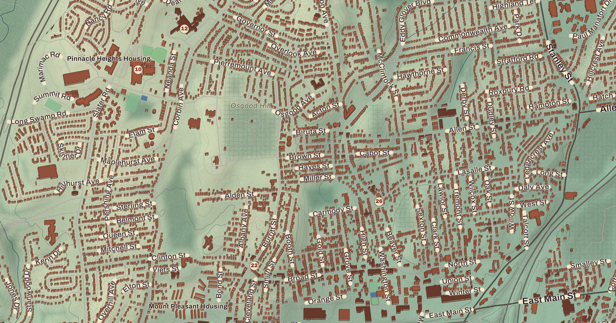 Detailed close-up of the KNOWOL map of New Britain, Connecticut