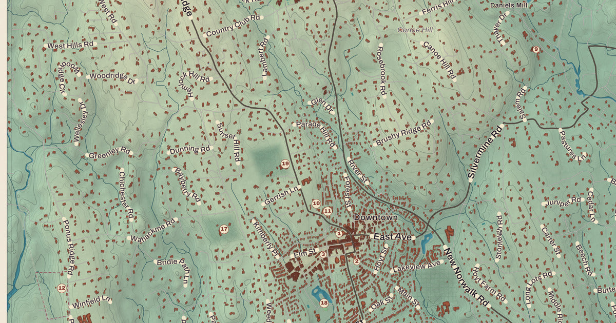 Detailed close-up of the KNOWOL map of New Canaan, Connecticut