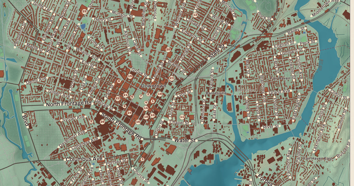 Detailed close-up of the KNOWOL map of New Haven, Connecticut