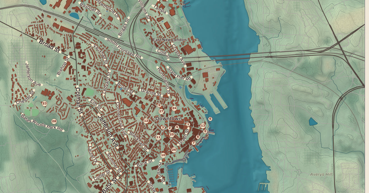 Detailed close-up of the KNOWOL map of New London, Connecticut