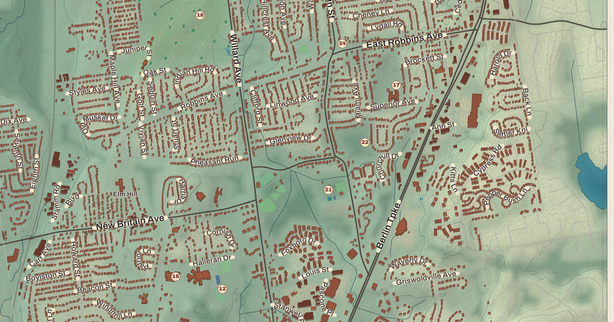 Detailed close-up of the KNOWOL map of Newington, Connecticut