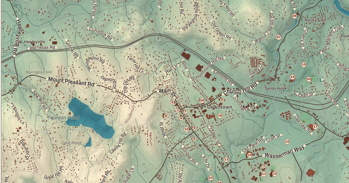 Detailed close-up of the KNOWOL map of Newtown, Connecticut