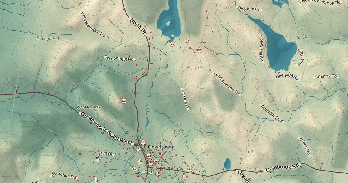 Detailed close-up of the KNOWOL map of Norfolk, Connecticut