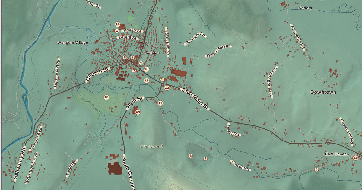 Detailed close-up of the KNOWOL map of North Canaan, Connecticut