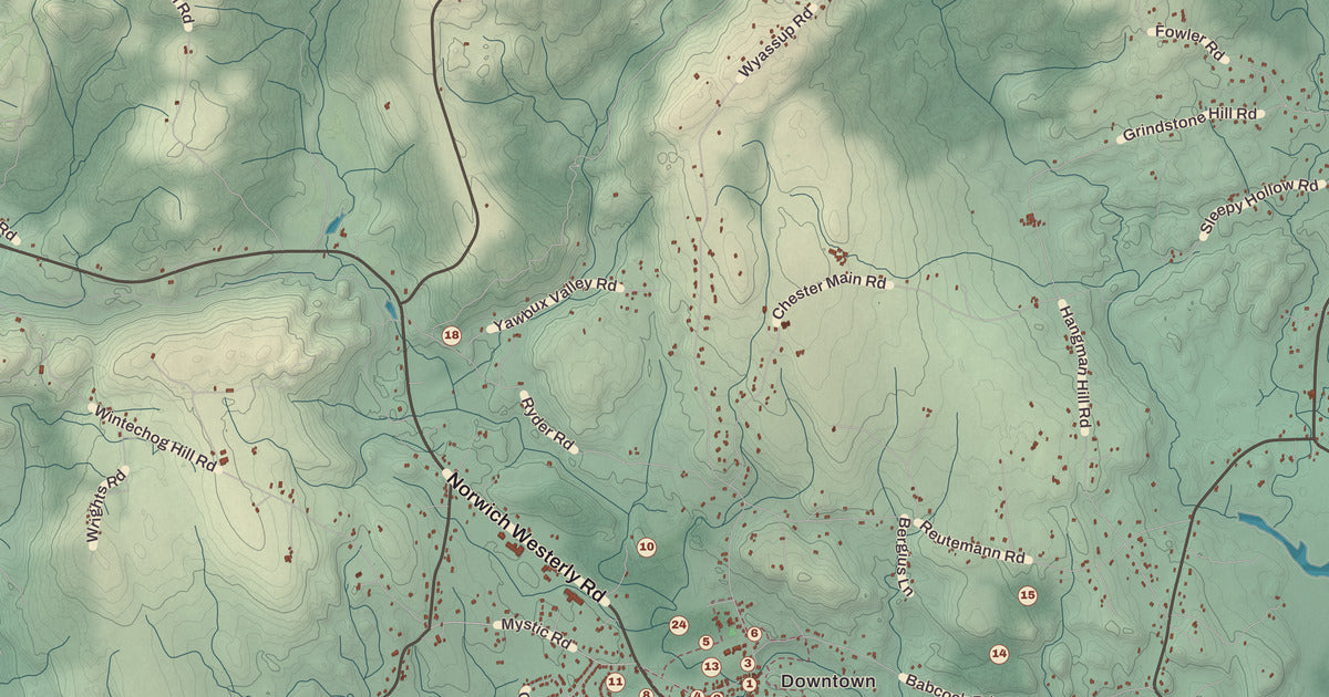 Detailed close-up of the KNOWOL map of North Stonington, Connecticut