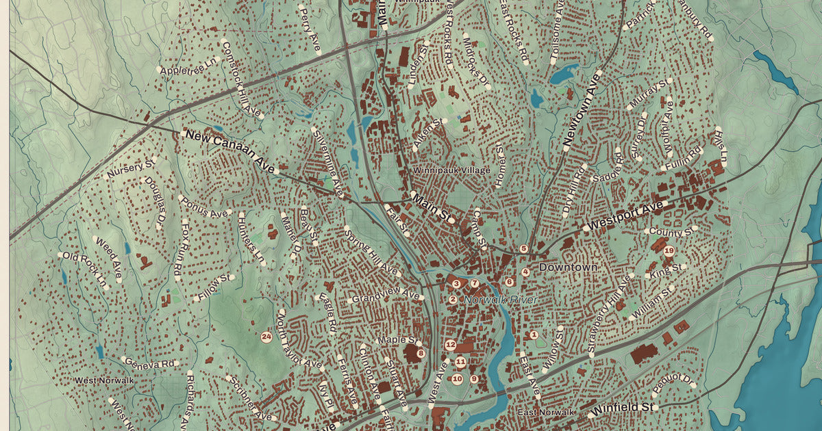 Detailed close-up of the KNOWOL map of Norwalk, Connecticut