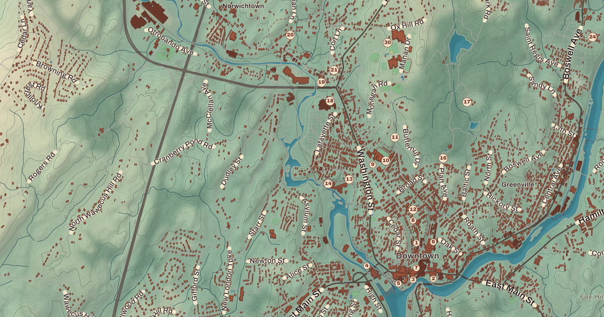 Detailed close-up of the KNOWOL map of Norwich, Connecticut