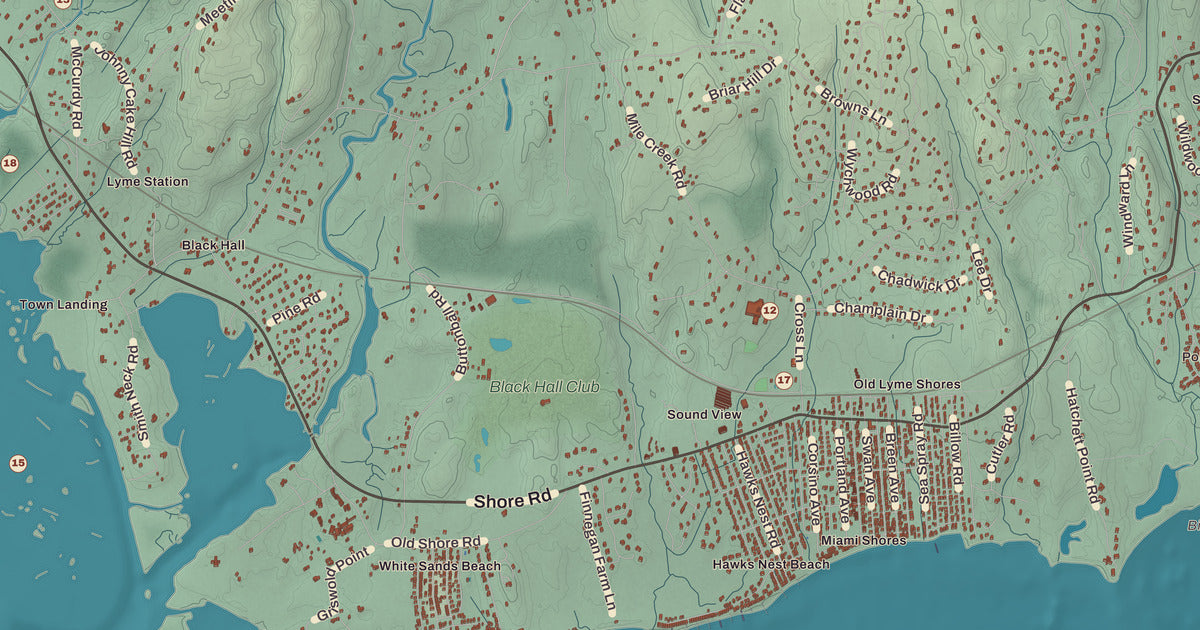 Detailed close-up of the KNOWOL map of Old Lyme, Connecticut