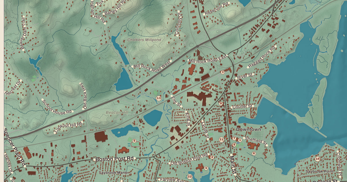 Detailed close-up of the KNOWOL map of Old Saybrook, Connecticut