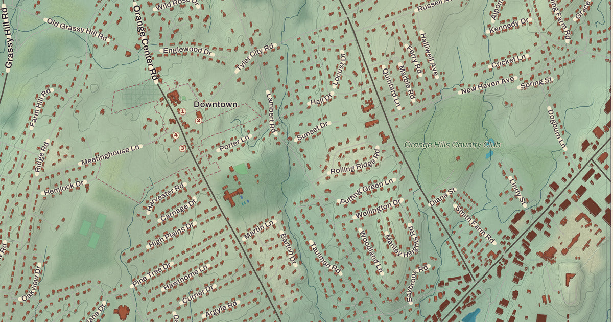 Detailed close-up of the KNOWOL map of Orange, Connecticut