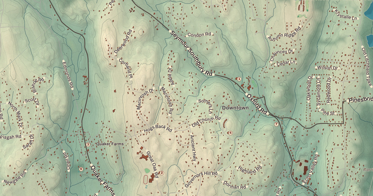 Detailed close-up of the KNOWOL map of Oxford, Connecticut