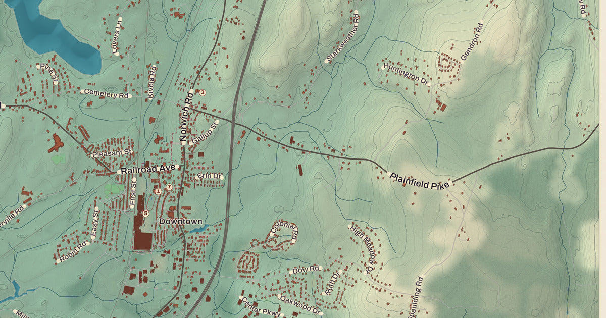 Detailed close-up of the KNOWOL map of Plainfield, Connecticut