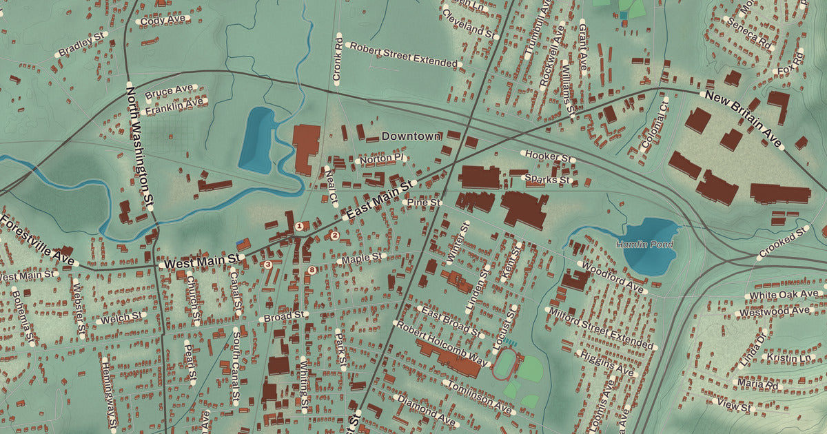 Detailed close-up of the KNOWOL map of Plainville, Connecticut