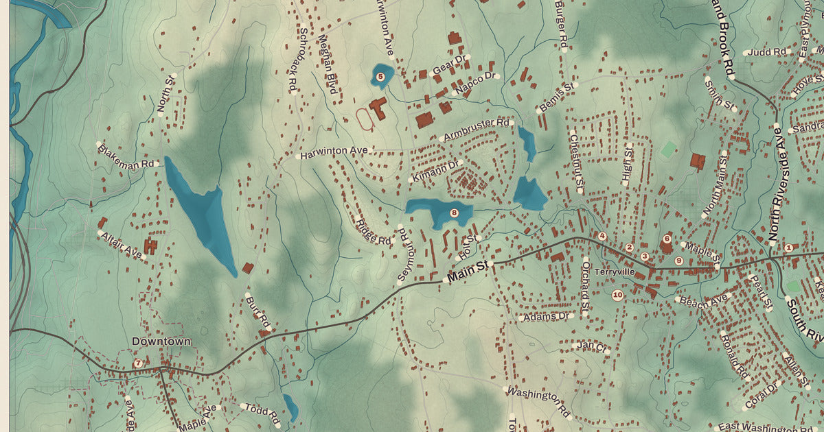 Detailed close-up of the KNOWOL map of Plymouth, Connecticut