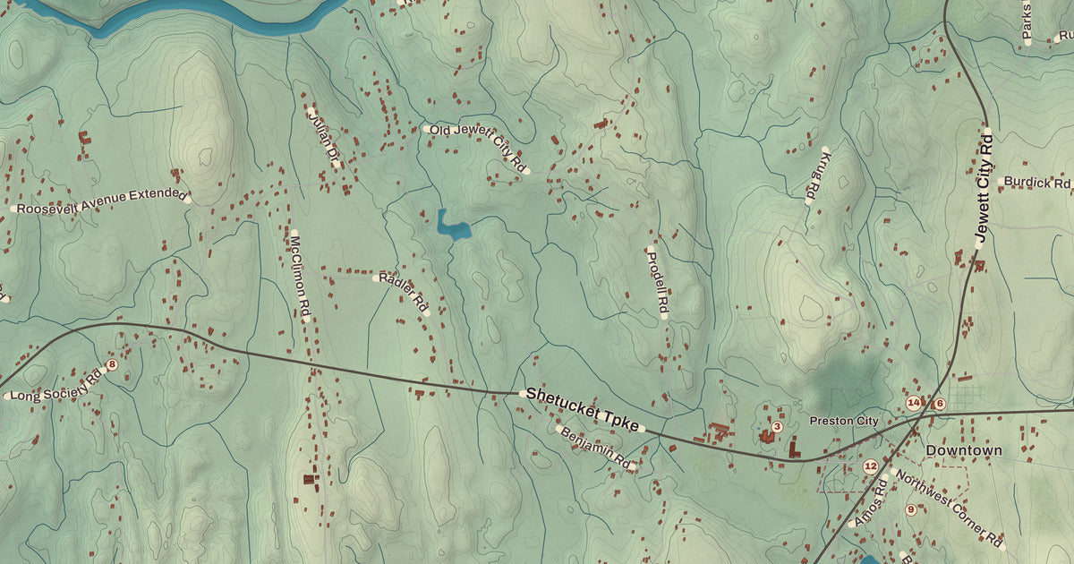Detailed close-up of the KNOWOL map of Preston, Connecticut