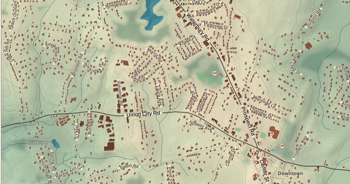 Detailed close-up of the KNOWOL map of Prospect, Connecticut