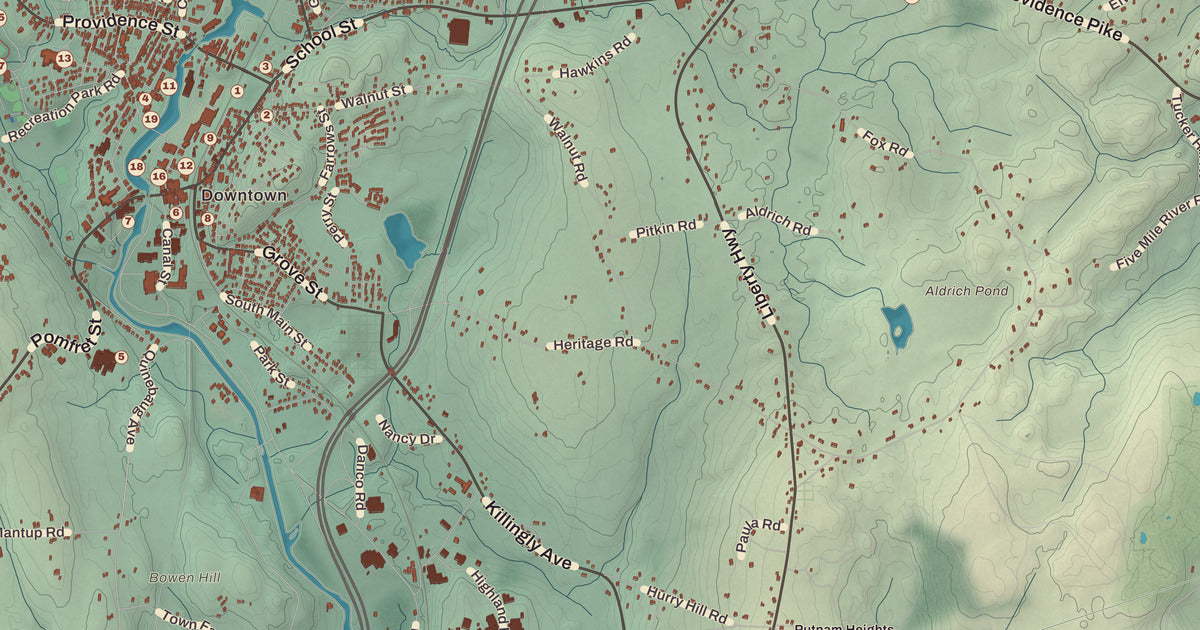 Detailed close-up of the KNOWOL map of Putnam, Connecticut