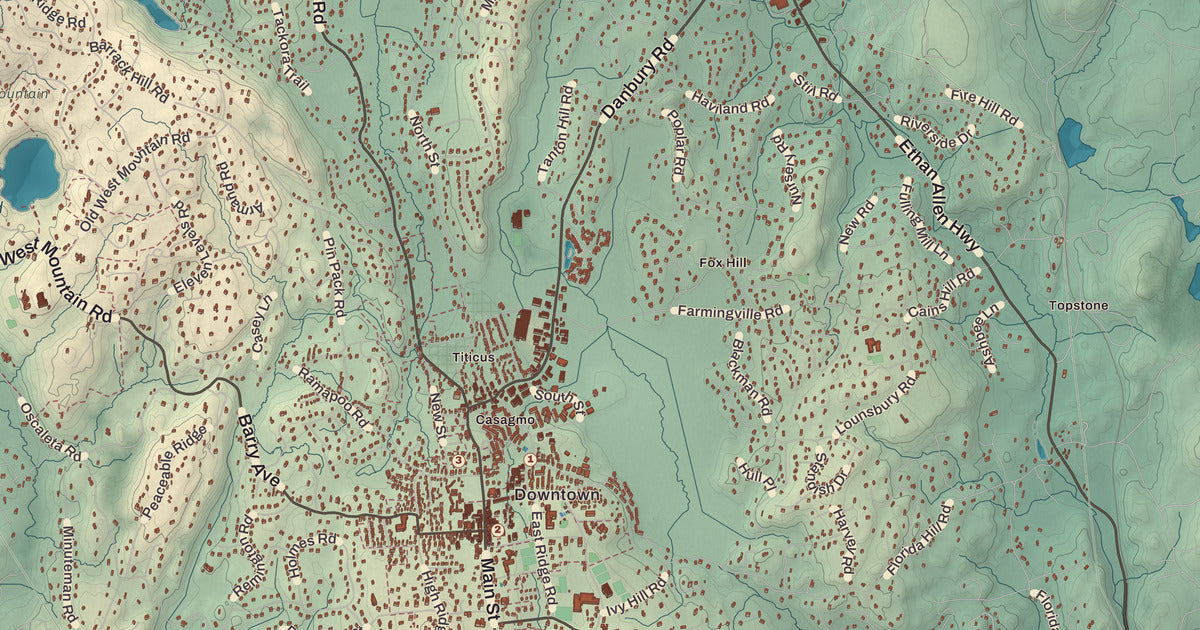 Detailed close-up of the KNOWOL map of Ridgefield, Connecticut