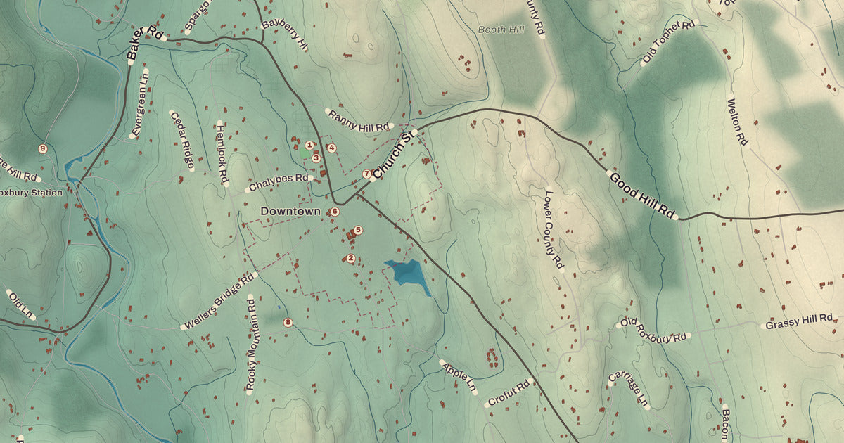 Detailed close-up of the KNOWOL map of Roxbury, Connecticut