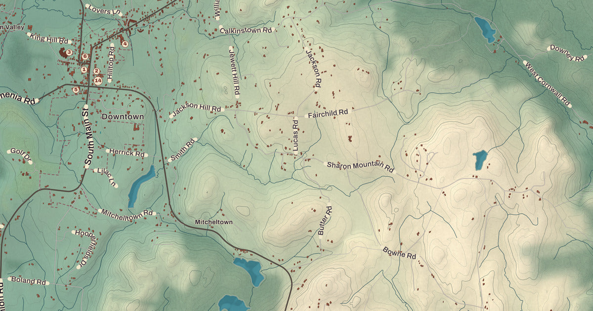 Detailed close-up of the KNOWOL map of Sharon, Connecticut