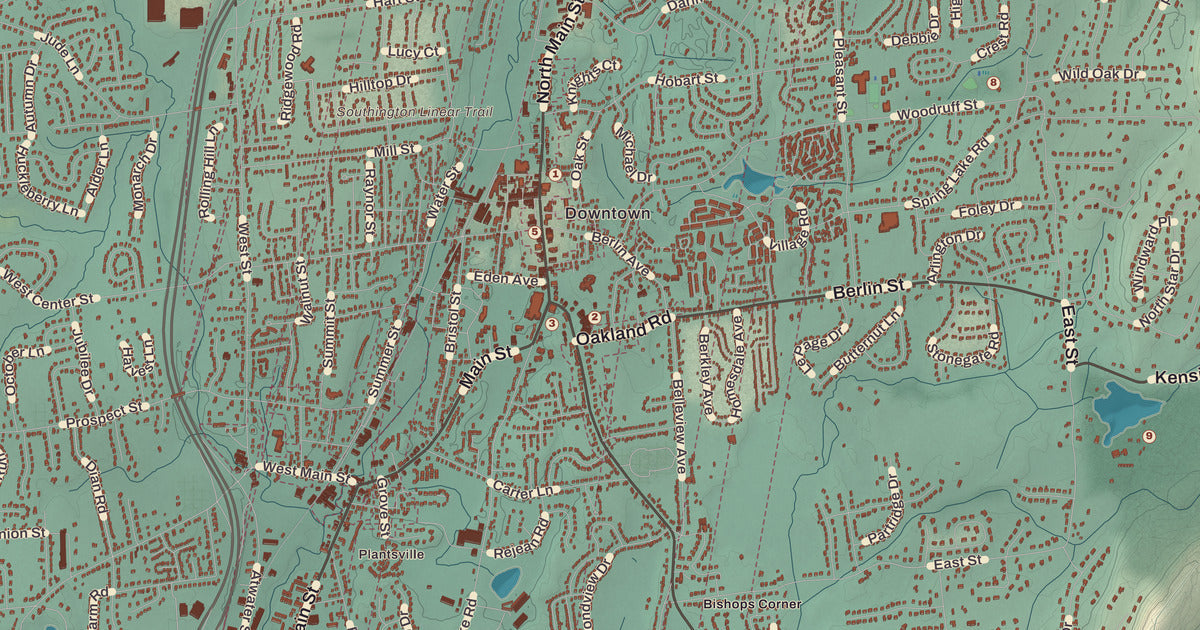 Detailed close-up of the KNOWOL map of Southington, Connecticut