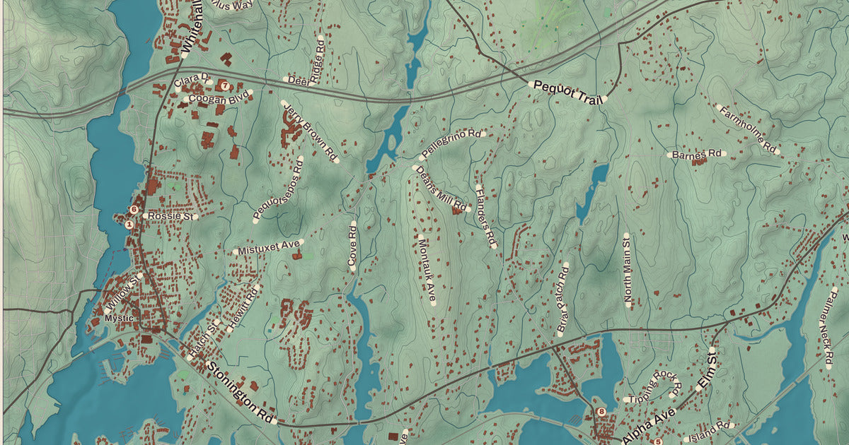 Detailed close-up of the KNOWOL map of Stonington, Connecticut