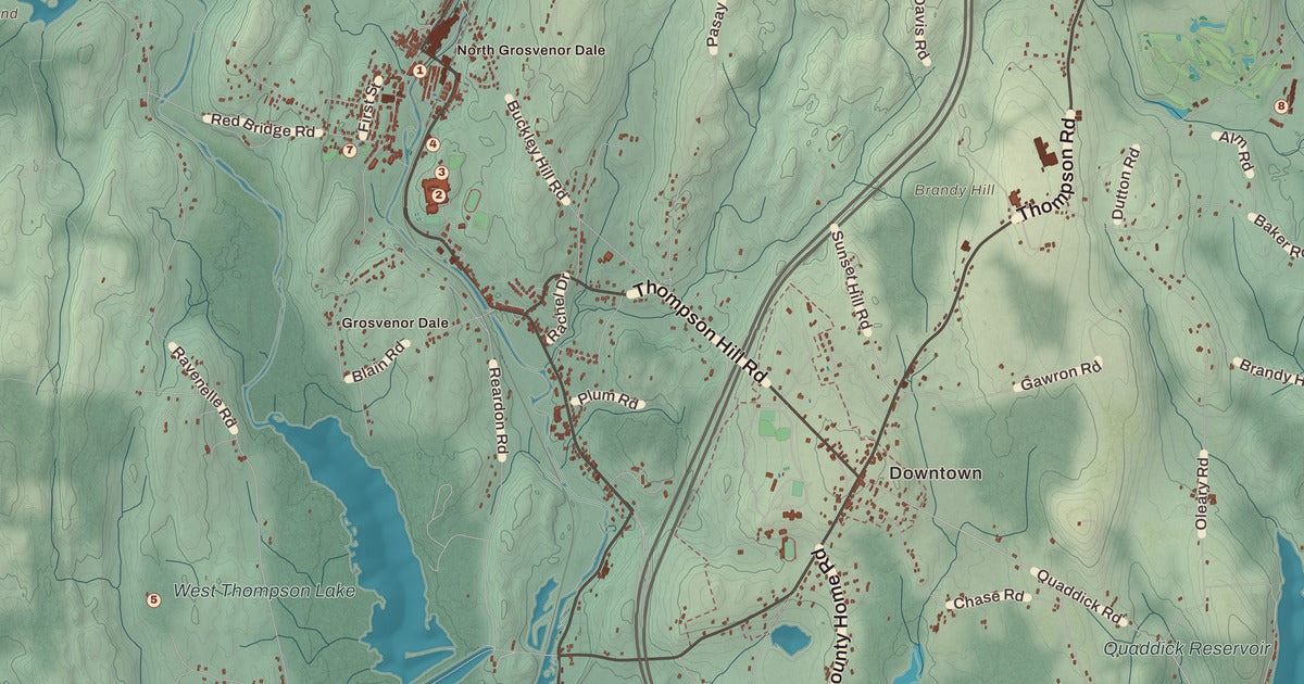 Detailed close-up of the KNOWOL map of Thompson, Connecticut