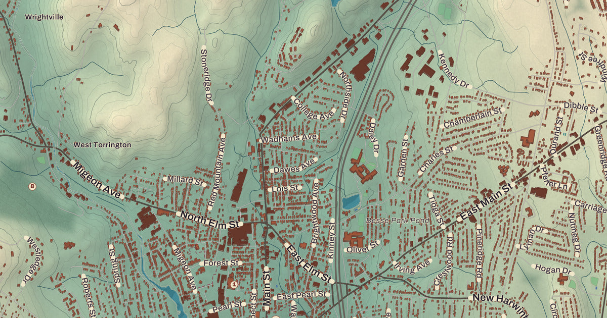 Detailed close-up of the KNOWOL map of Torrington, Connecticut