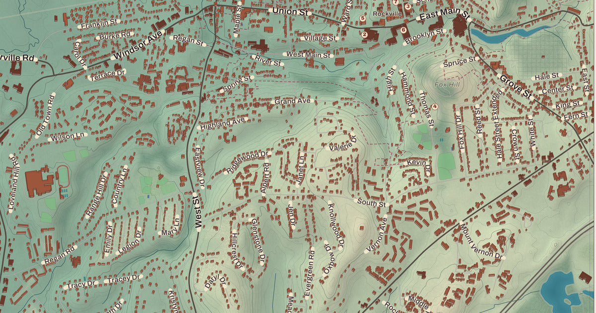Detailed close-up of the KNOWOL map of Vernon, Connecticut