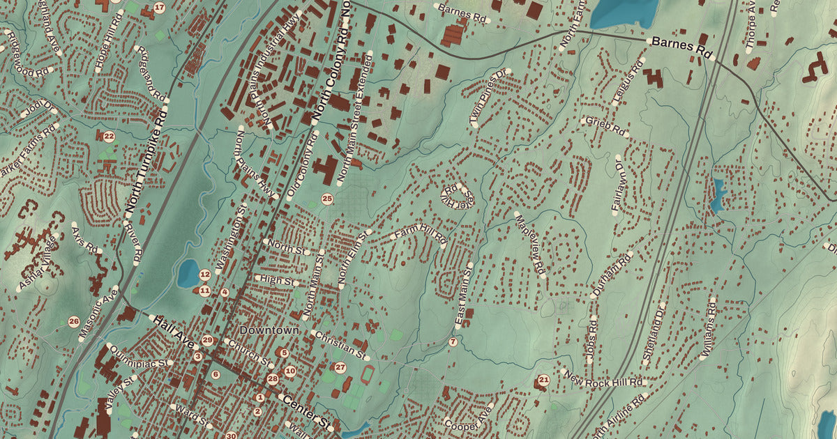 Detailed close-up of the KNOWOL map of Wallingford, Connecticut