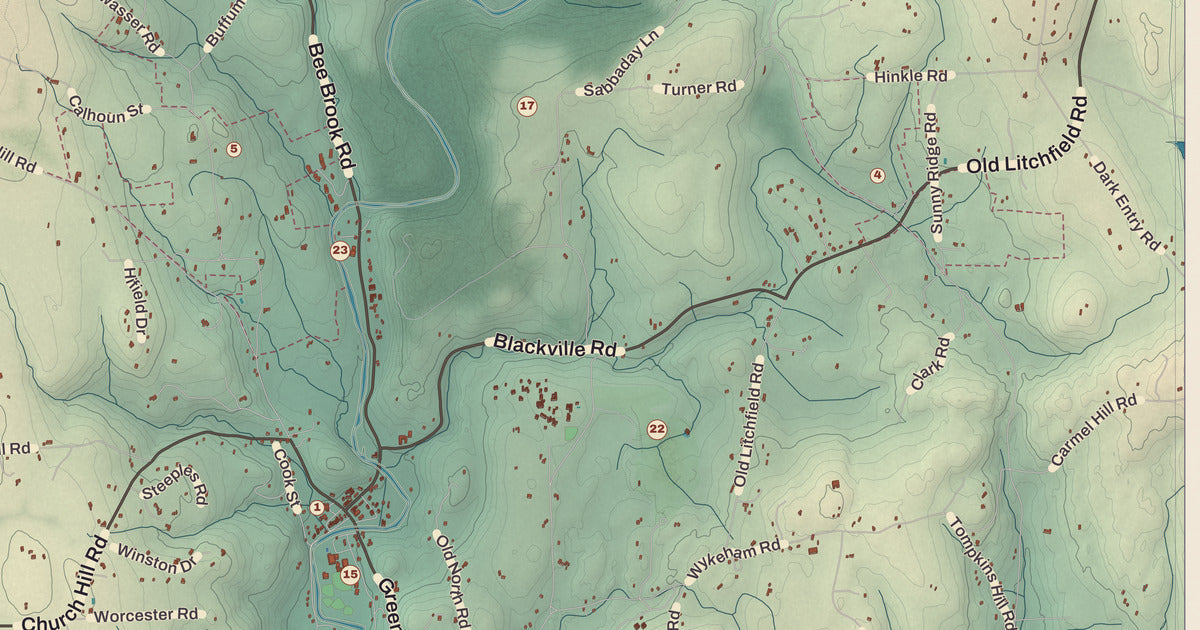 Detailed close-up of the KNOWOL map of Washington, Connecticut