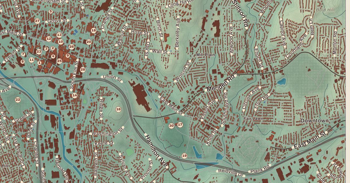 Detailed close-up of the KNOWOL map of Waterbury, Connecticut