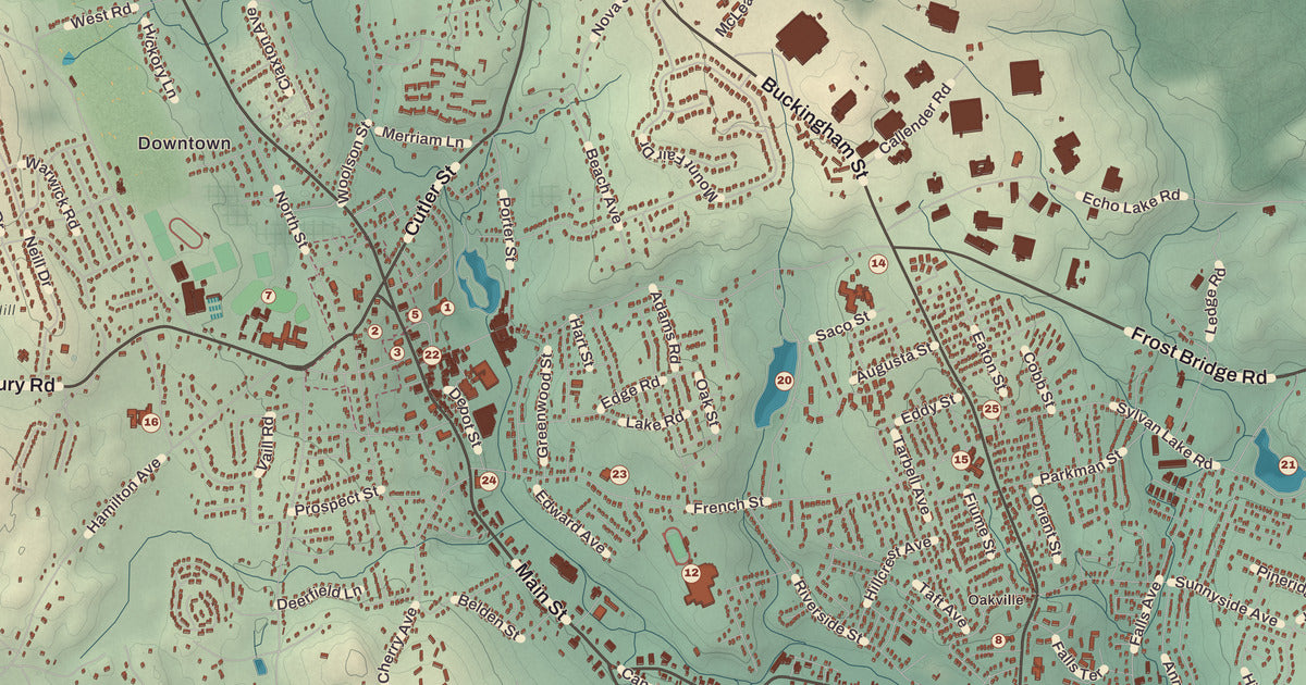 Detailed close-up of the KNOWOL map of Watertown, Connecticut