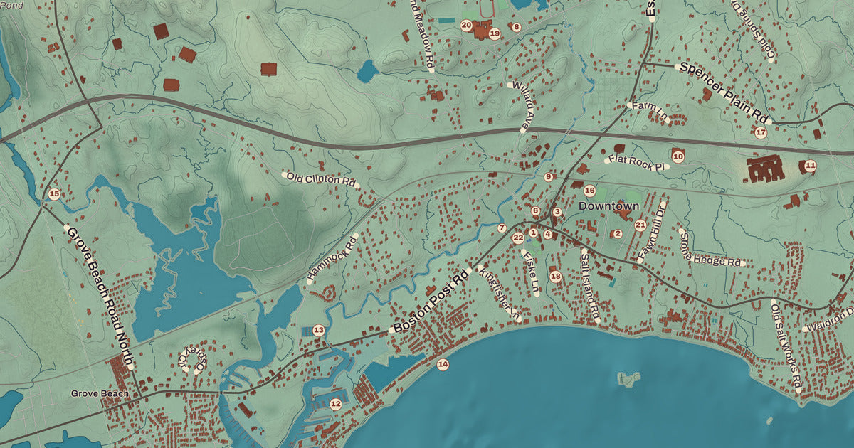 Detailed close-up of the KNOWOL map of Westbrook, Connecticut