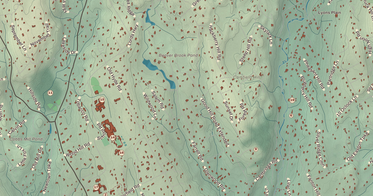 Detailed close-up of the KNOWOL map of Weston, Connecticut