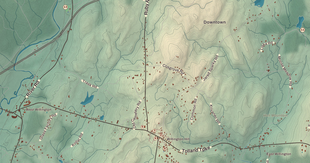 Detailed close-up of the KNOWOL map of Willington, Connecticut