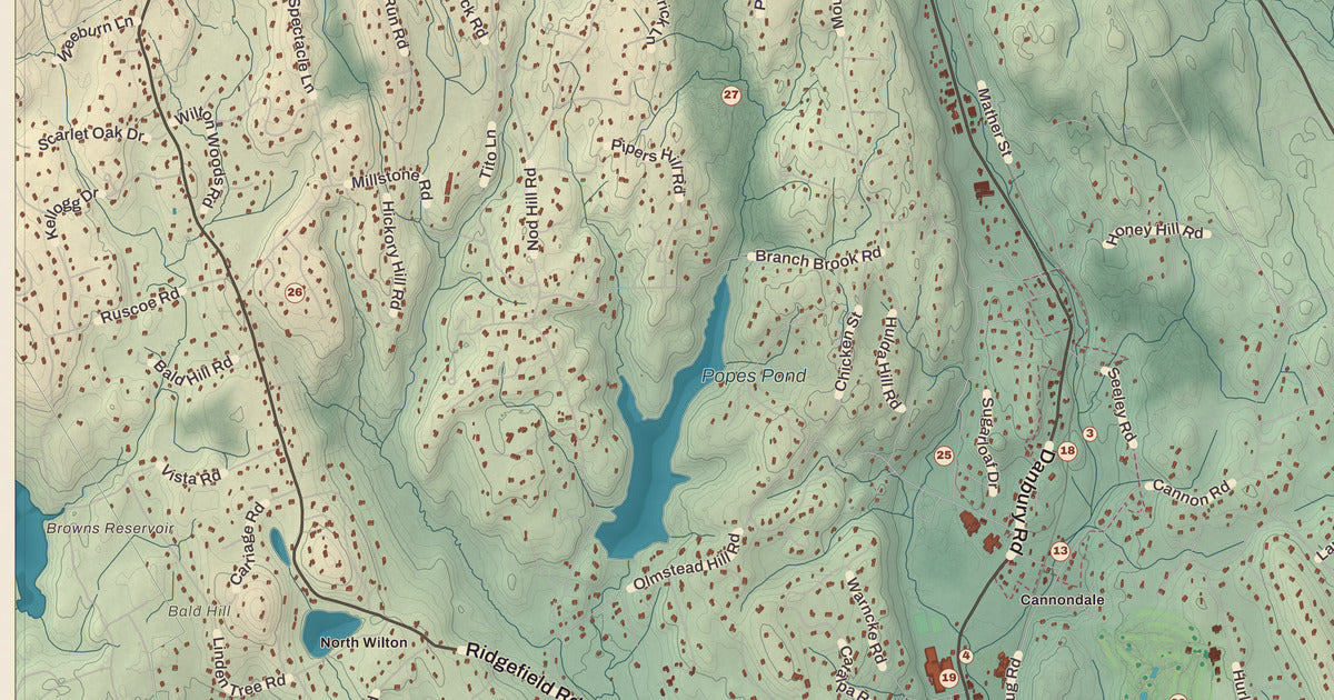 Detailed close-up of the KNOWOL map of Wilton, Connecticut