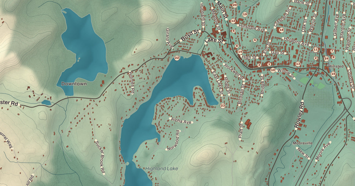 Detailed close-up of the KNOWOL map of Winchester, Connecticut